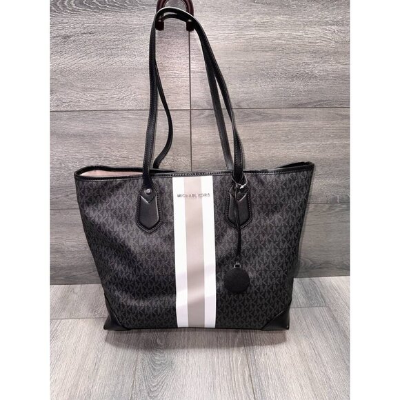 Michael Kors Eva Large Logo Stripe Tote Bag in Black White - Picture 16 of 16